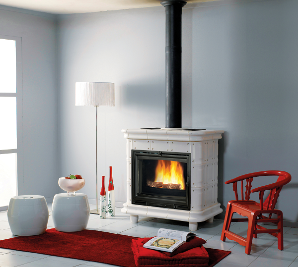 Poêle à bois Godin 10kW Le Constance 2 TURBO réf. 630152 décor blanc céramique façade noire